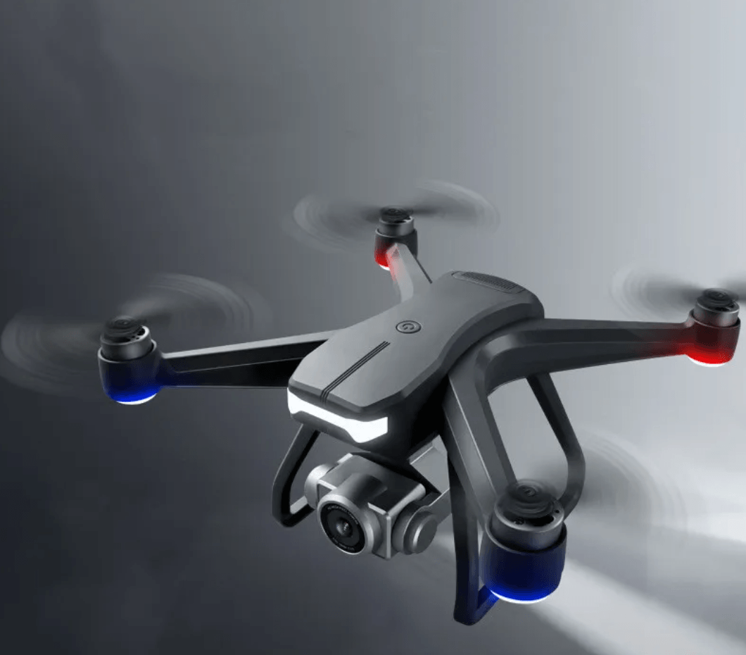 Long-Range Remote Control Camera Quadcopter in flight with modern design and LED lights.