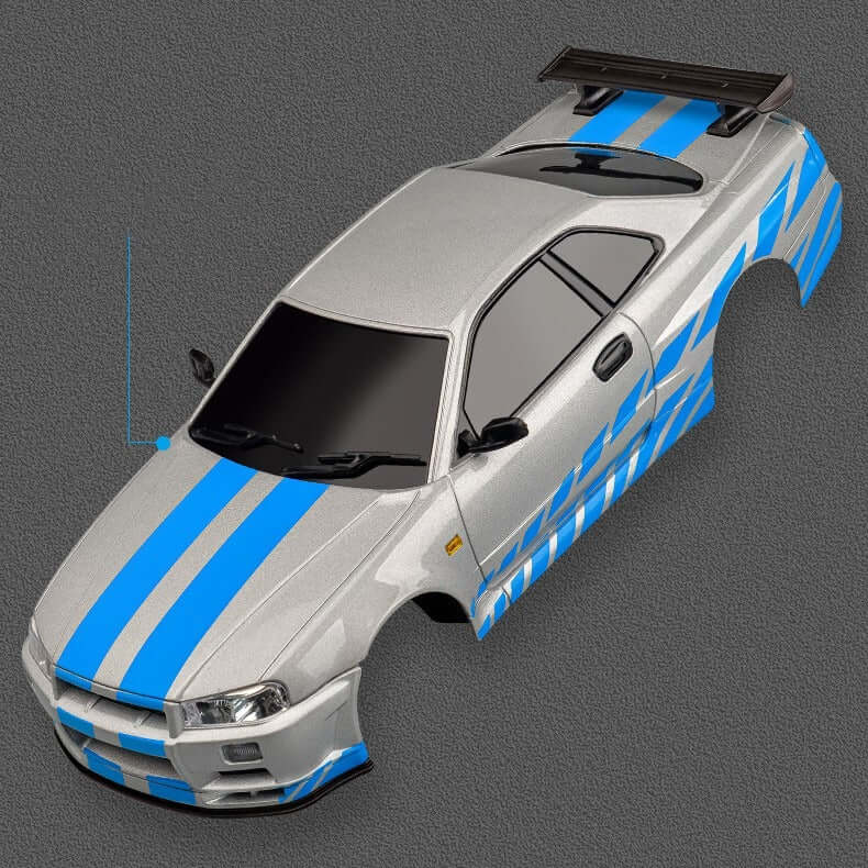 1:18 Scale RC Flip Model Car – Metal Shell in silver with blue stripes, showcasing its durable design and style.