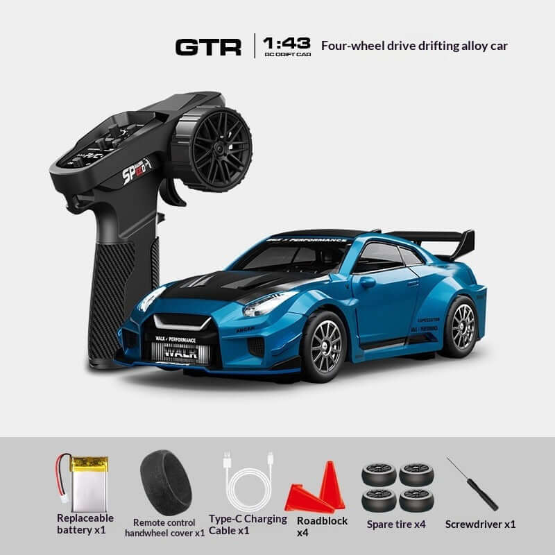 Remote Control Alloy Drift Car for Kids with controller and accessories, perfect for beginners and enthusiasts.