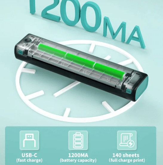 Wireless Thermal Printer battery capacity 1200MA fast charge USB-C features 140 sheets full charge print