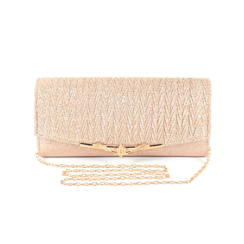 Stylish shiny clutch bag with elegant chain, perfect accessory for any occasion.