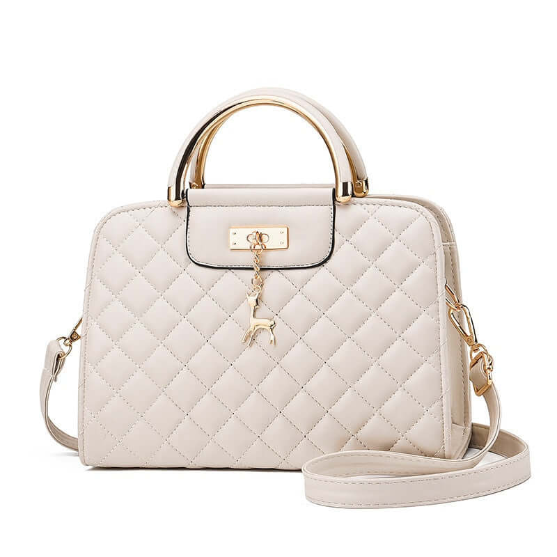 Fashionable Women's PU Leather Quilted Shoulder Bag in elegant beige with gold accents and adjustable strap.
