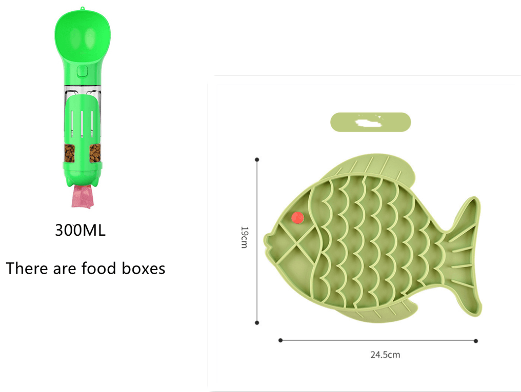 Silicone Slow Food Plate for Dogs and Pets, green fish-shaped pet feeding mat with food boxes.