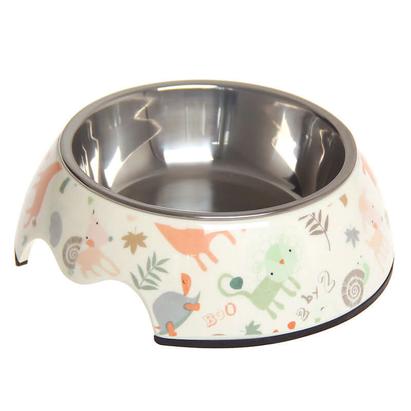 Non-Slip Dual-Use Stainless Steel Pet Bowl with colorful animal designs and a non-slip base.