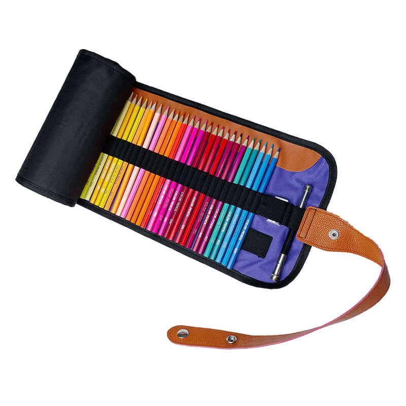 Professional Oil and Water-Soluble Colored Pencils Set in a rolled up pencil case with a variety of vibrant colors.