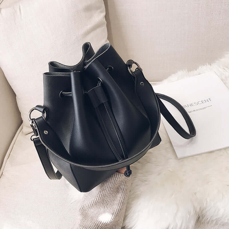Bucket Bag, Crossbody Bag, Tote Bag - black stylish bucket bag with adjustable straps for everyday use.