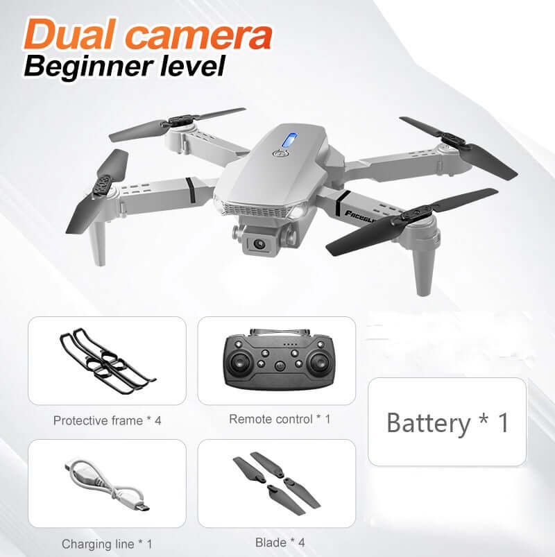 E88 dual camera drone and its components, including protective frame, remote control, and battery for photography.