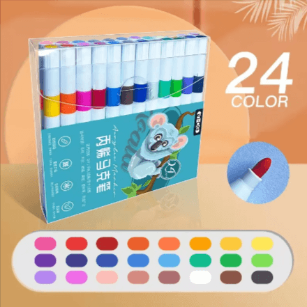 Kids’ Doodle Acrylic Markers – Waterproof & Quick-Drying set showcasing 24 vibrant colors for creative projects.