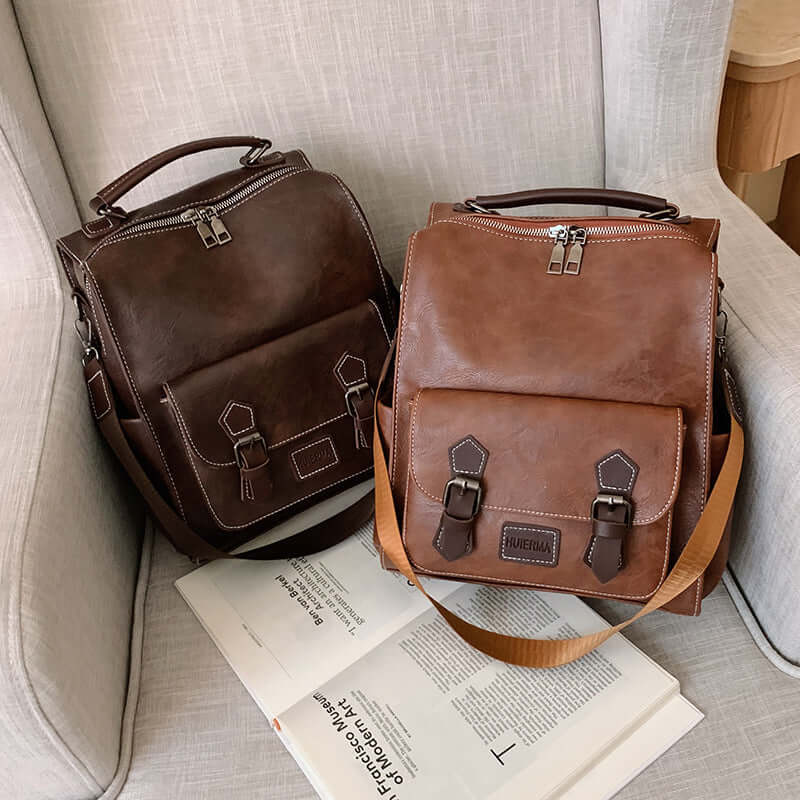 Trendy vintage women's PU leather backpack in brown and coffee colors, perfect for stylish travel.