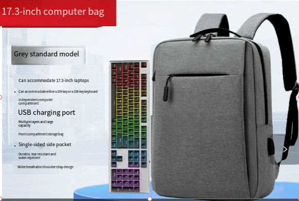 17.3-inch computer bag in grey with USB charging port, designed for laptops and featuring multiple storage compartments.