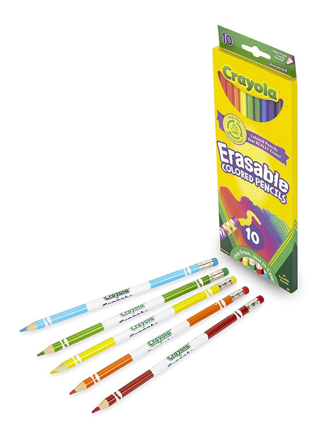 Crayola Erasable Colored Pencils with vibrant colors in packaging, perfect for artists and school projects.