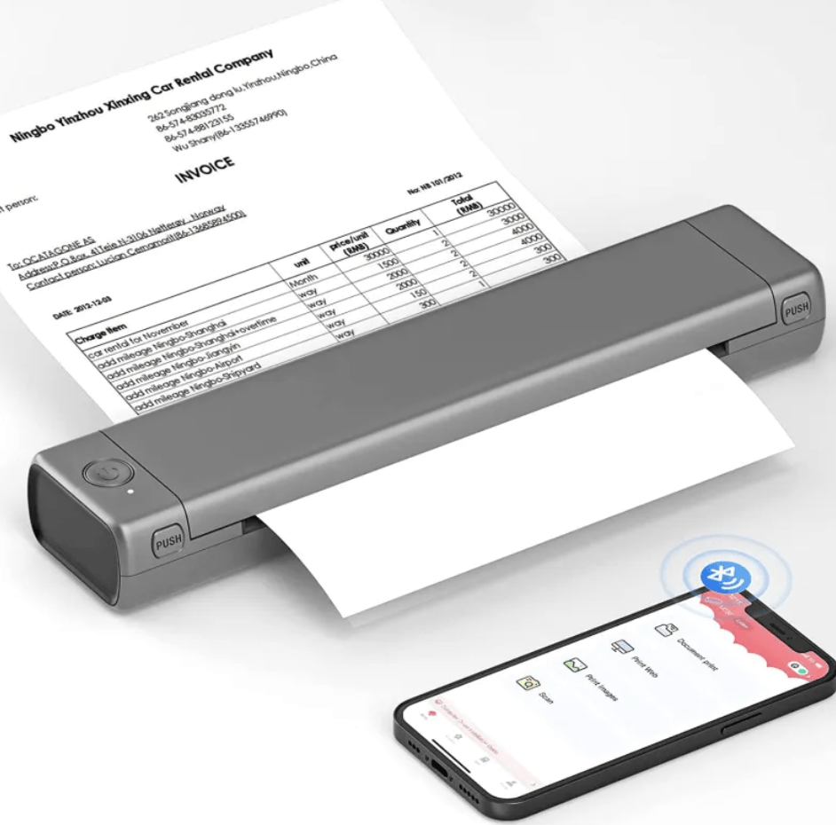 Portable A4 Thermal Printer printing an invoice with a smartphone beside it.