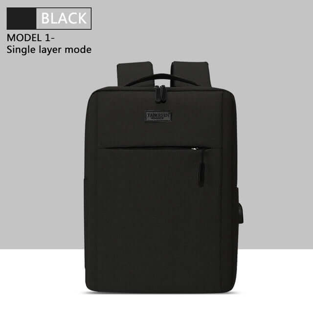 Men's casual travel laptop backpack in sleek black, perfect for modern travelers with style and functionality.