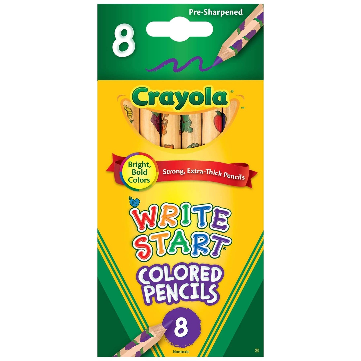 Crayola Write Start Colored Pencils pack featuring 8 pre-sharpened, strong, extra-thick colored pencils for young artists.
