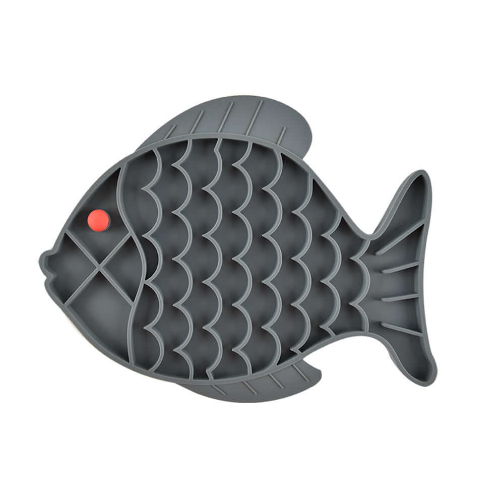 Silicone slow food plate for dogs in a fish shape, designed to promote healthy eating habits.