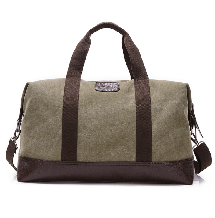Canvas crossbody travel bag in olive green with brown accents for travel or everyday use.