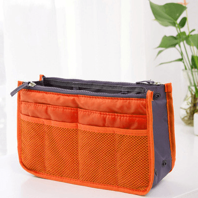 Colorful makeup organizer bag with multiple pockets for cosmetics and accessories.