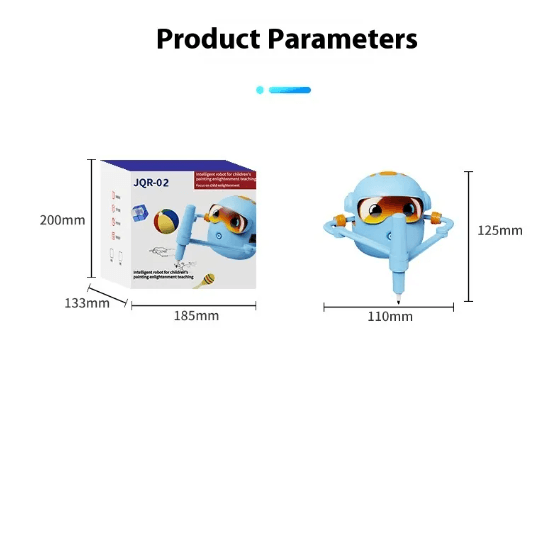 Kids Painting Robot Toy dimensions and packaging, showcasing the blue design and product parameters.