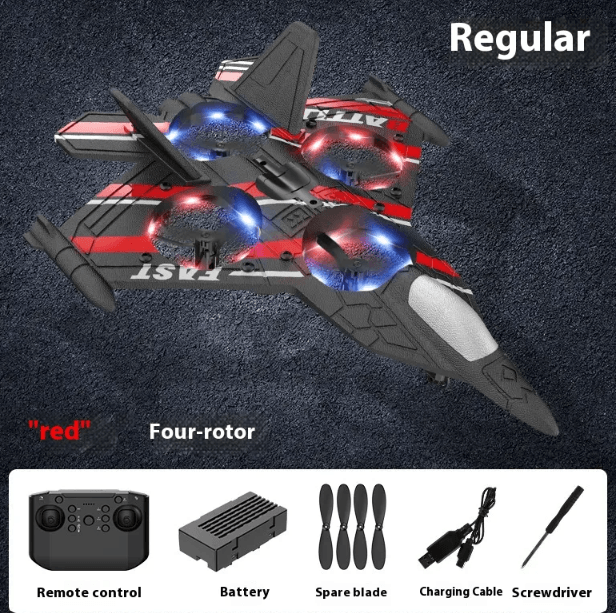 New Remote Control Bubble Plane in red with four rotors and remote control accessories.
