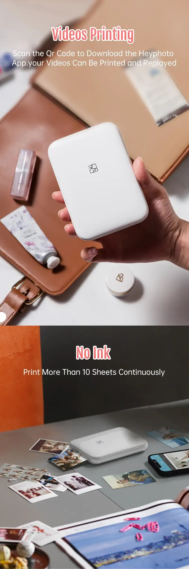 HPRT MT53 HD Wireless Pocket Photo Printer for iOS/Android displaying video printing and no ink features.