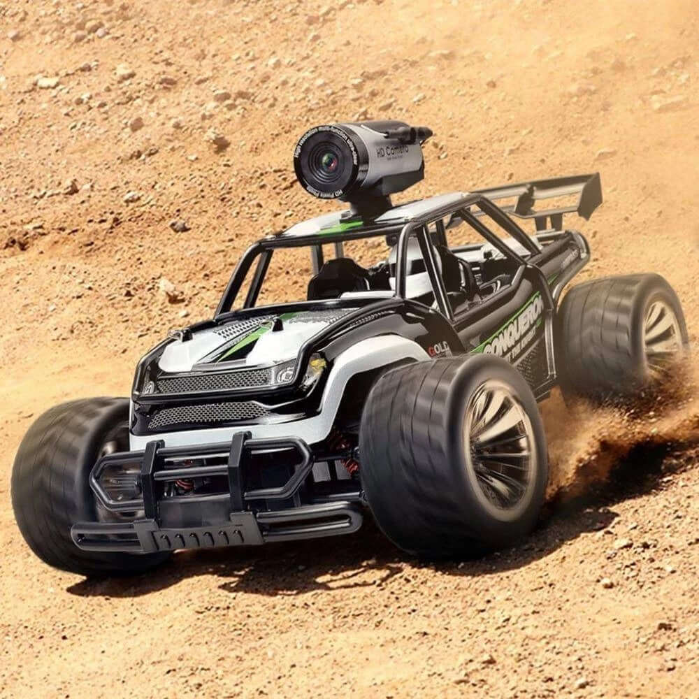 Speed Pro BG1516 High-Speed RC Car with WiFi Camera racing on rugged terrain with aerial camera.