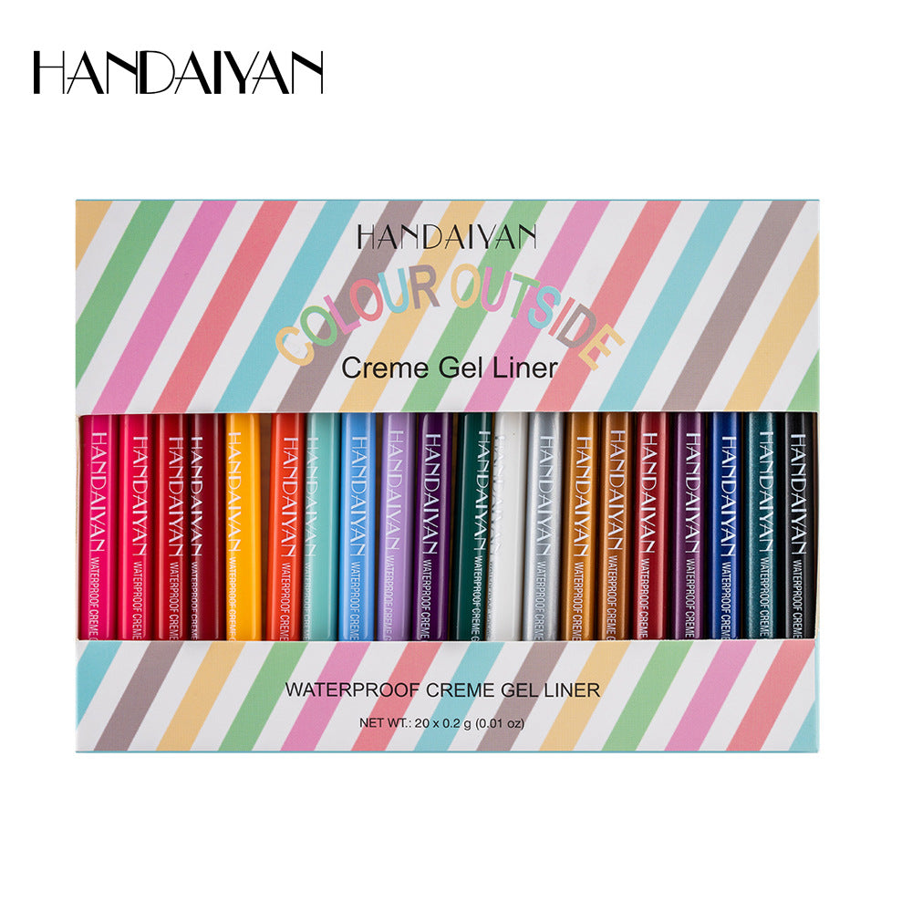 20-piece waterproof colored eyeliner set in vibrant hues, packaged with colorful stripes, perfect for creative makeup.