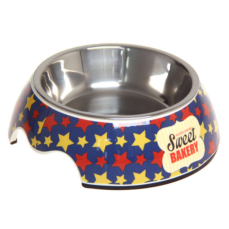 Non-slip stainless steel pet bowl with a colorful star design and a fun bakery theme.