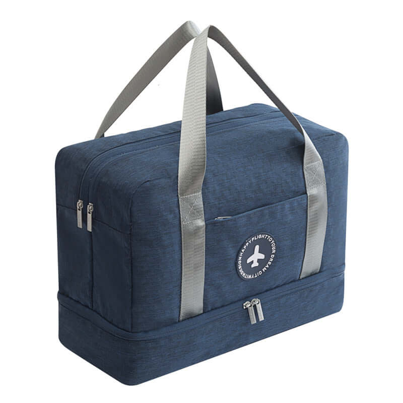 Beach Bag, Swim Bag, Robe Bag, Toiletry Bag, Organizer in navy blue with durable handles and zippered compartments.