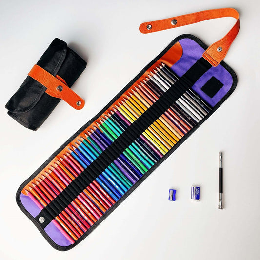 Professional Oil and Water-Soluble Colored Pencils Set in a roll-up case with sharpeners and accessories.