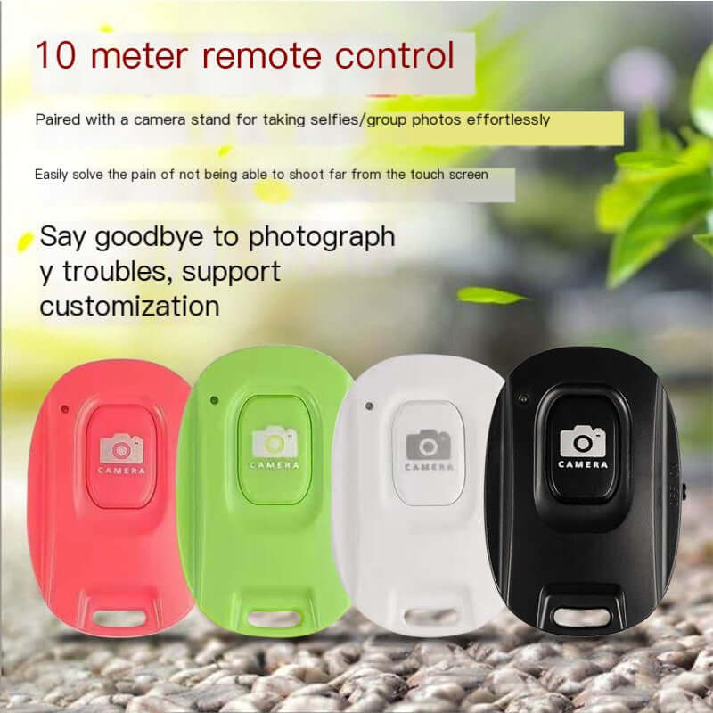 Bluetooth selfie remote controller in four colors with 10 meter range for easy group photos and selfies.