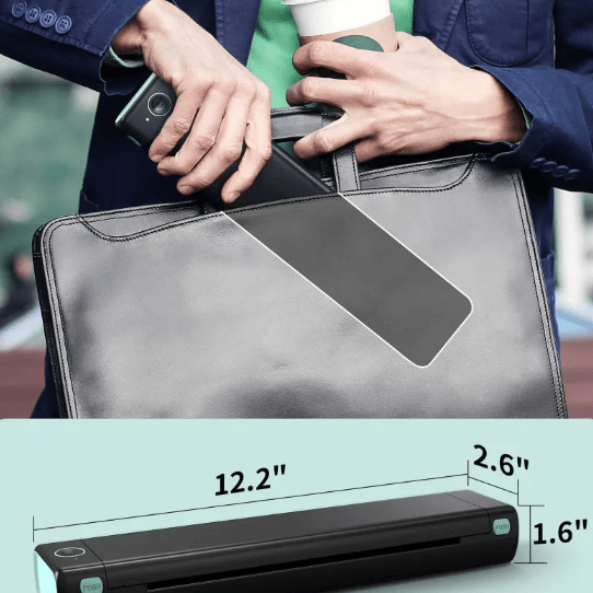 Portable Wireless Thermal Printer being placed in a bag, showcasing its compact design for on-the-go printing.
