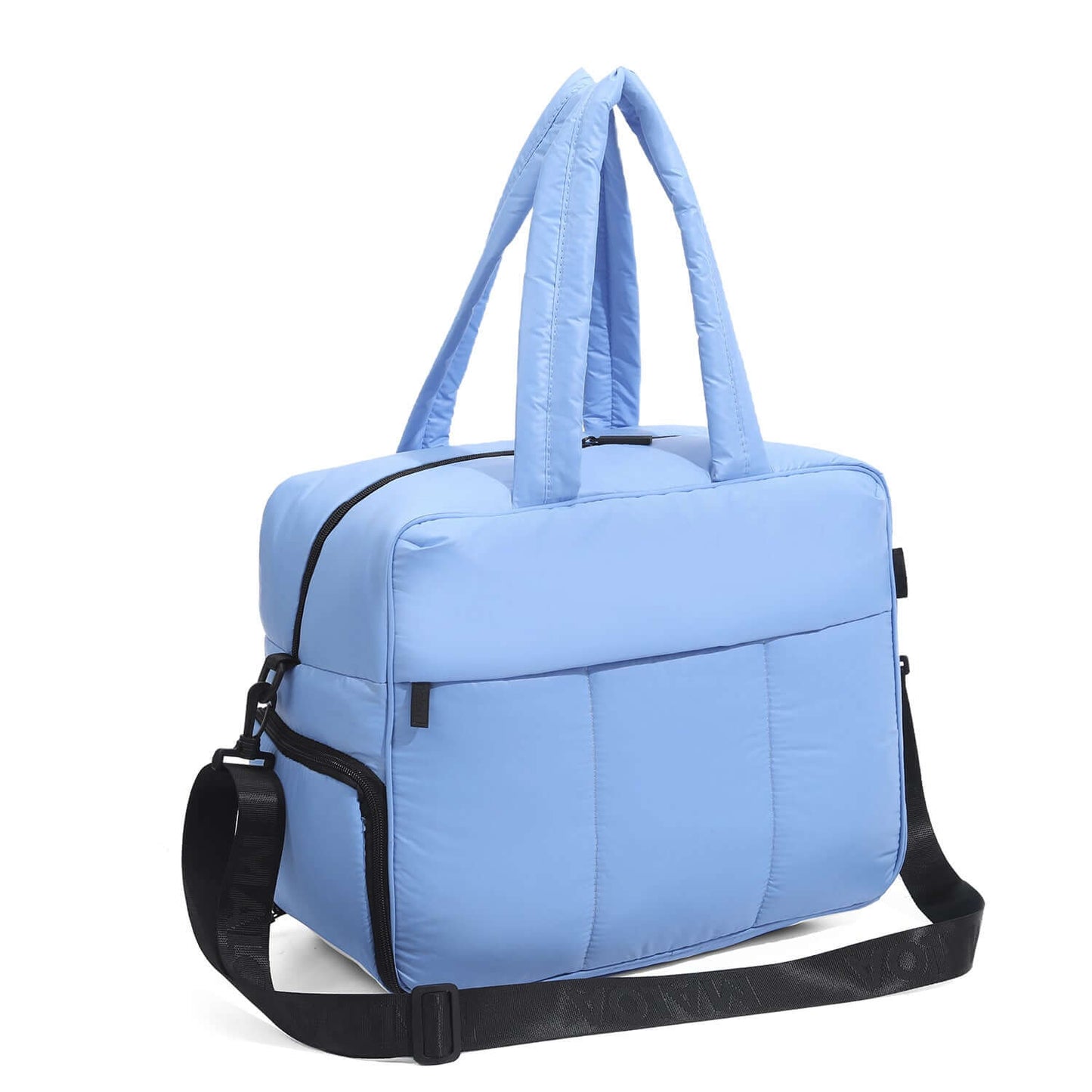 women's winter travel duffle bag in light blue color with shoulder strap and handles.