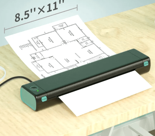 Wireless Thermal Printer printing a document on a wooden surface, showcasing its portability and design.