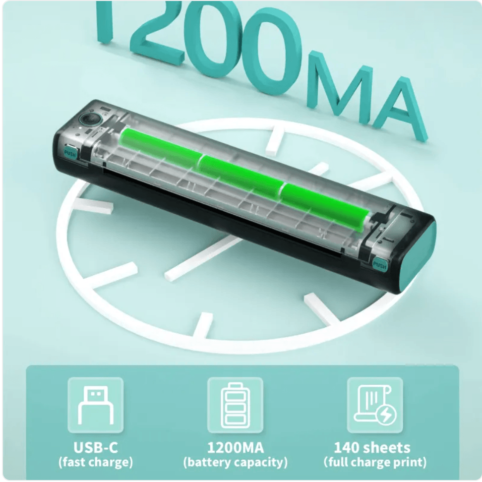 Portable Bluetooth thermal printer for travel with USB-C fast charge, 1200MA battery capacity, prints 140 sheets.