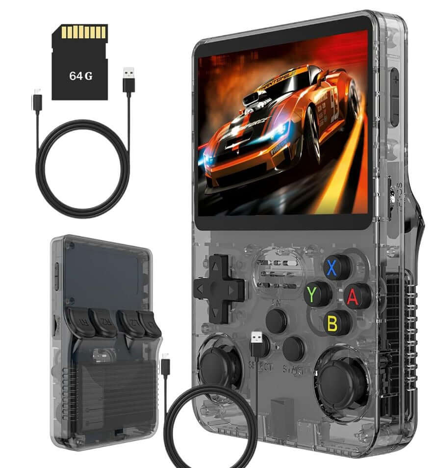 64GB Handheld Game Console with gameplay display, included charging cable, and SD card.