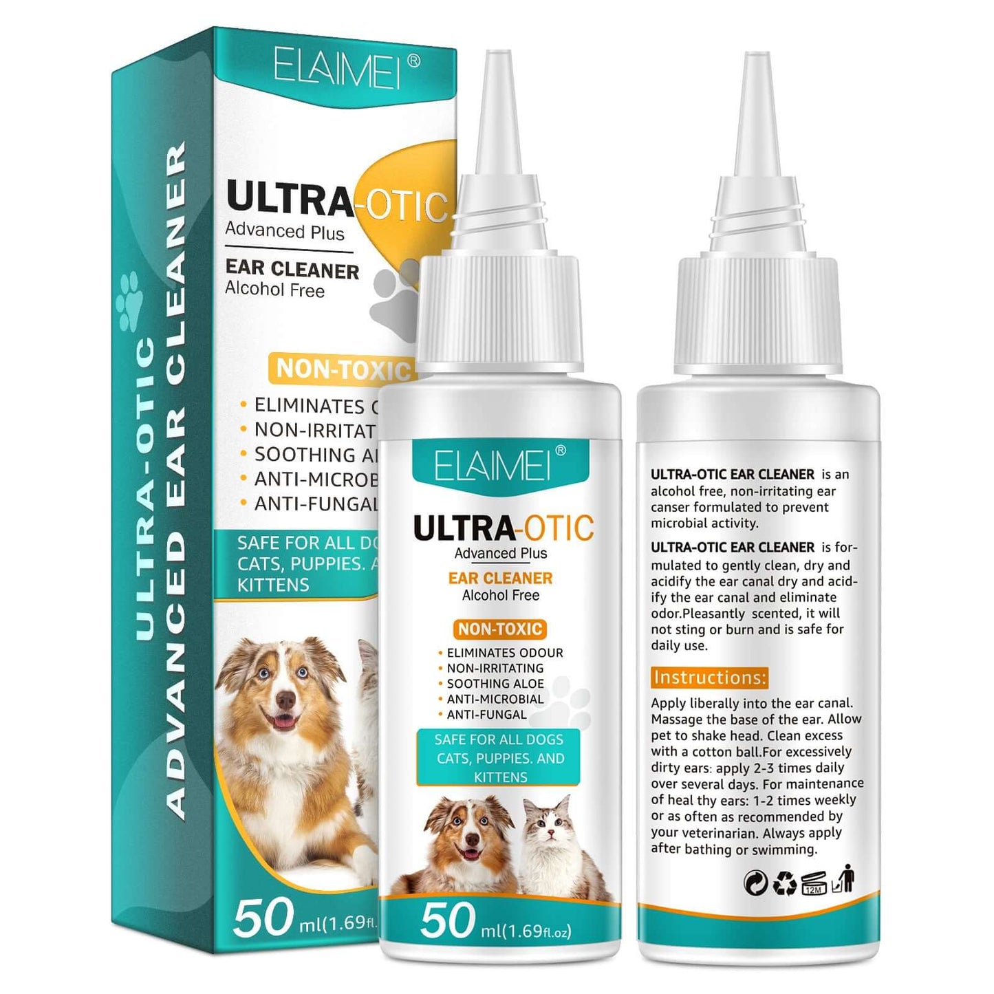 Pet ear cleaning solution in a 50ml bottle, safe for dogs and cats to maintain ear hygiene.