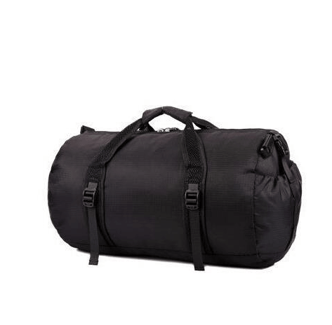 Foldable gym travel bag in sleek black design, perfect for active lifestyles and weekend adventures.
