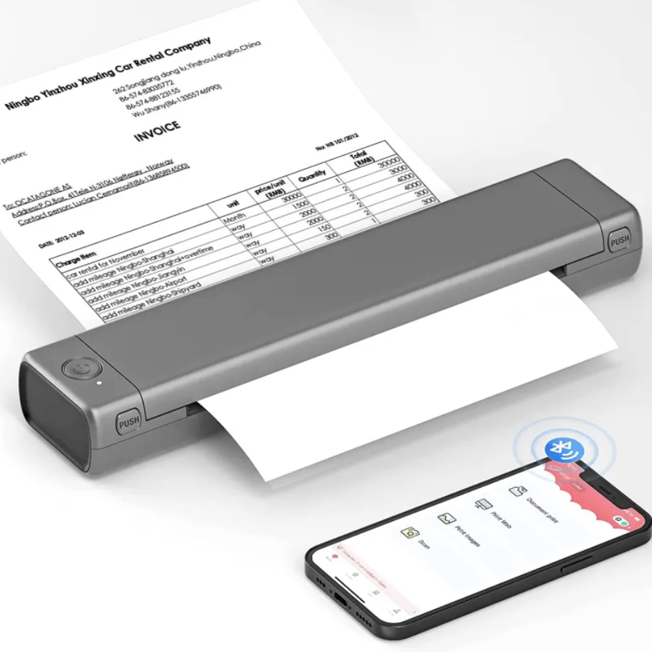 Portable A4 Thermal Printer producing a clear invoice document next to a smartphone.