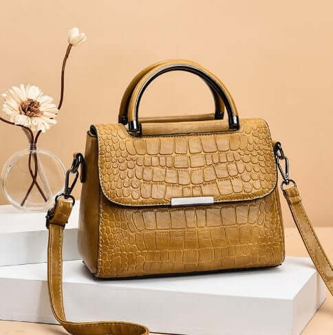 Fashionable Shoulder Crossbody Tote Bag for Women in a stylish brown crocodile texture with a top handle.