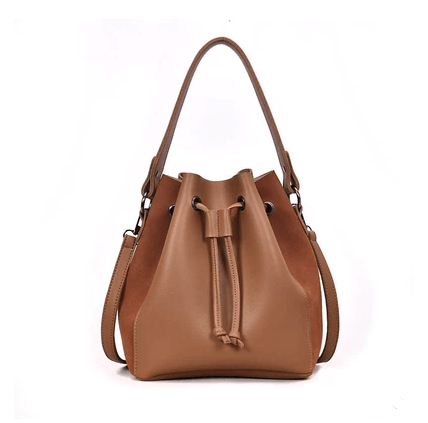 Stylish bucket bag in brown PU material, featuring a drawstring closure and adjustable shoulder straps.