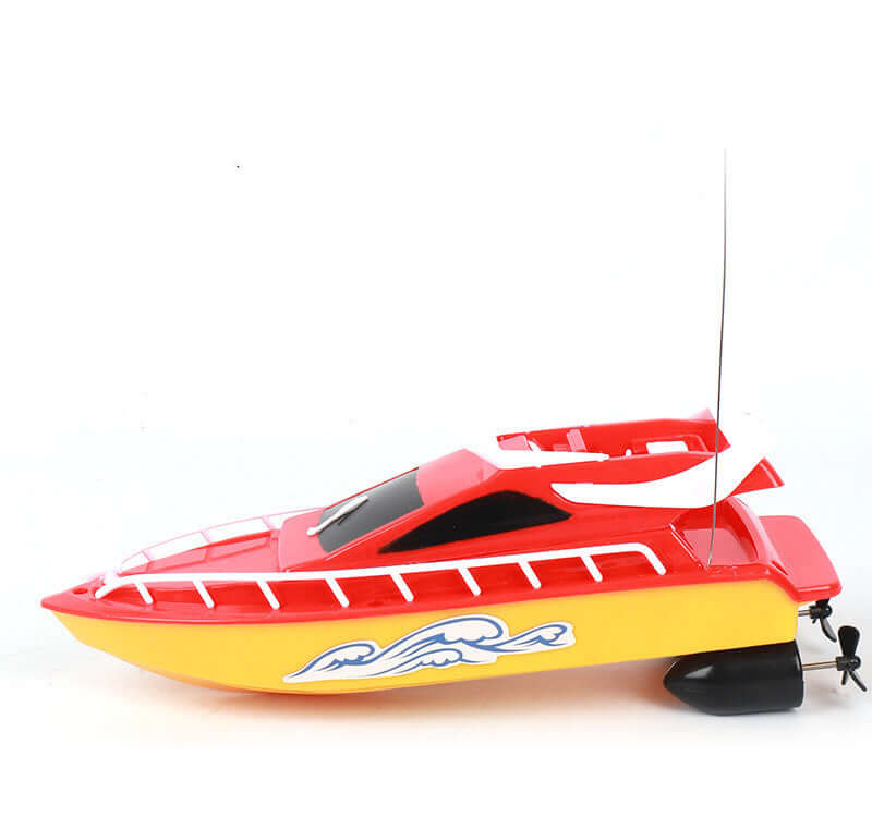 Remote control racing boat for kids, red and yellow design, perfect for summer fun on water.
