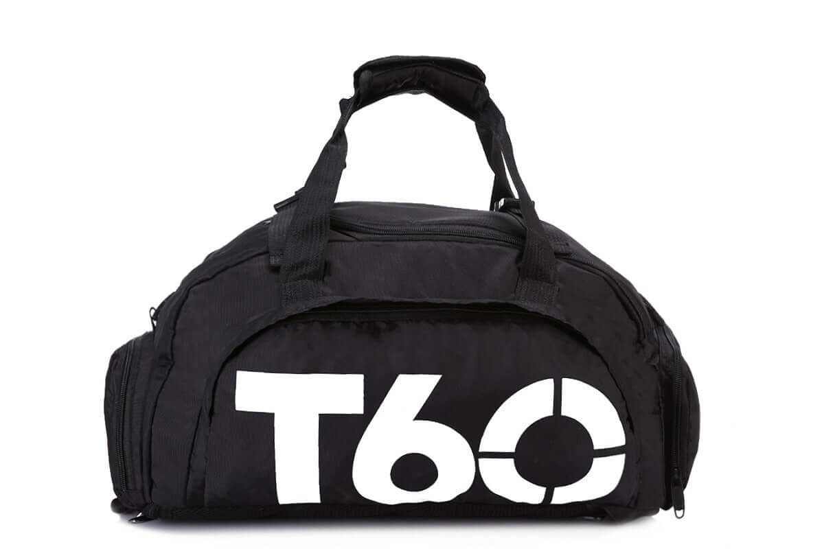 T60 Backpack, Travel Bag, Tote Bag, Gym Bag in black with white logo, ideal for travel and gym sessions.