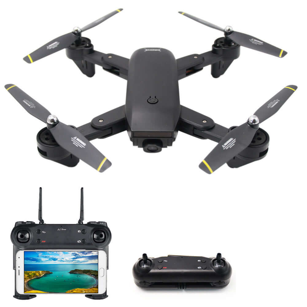 DM107S foldable drone with dual cameras and remote controller displayed on a white background.