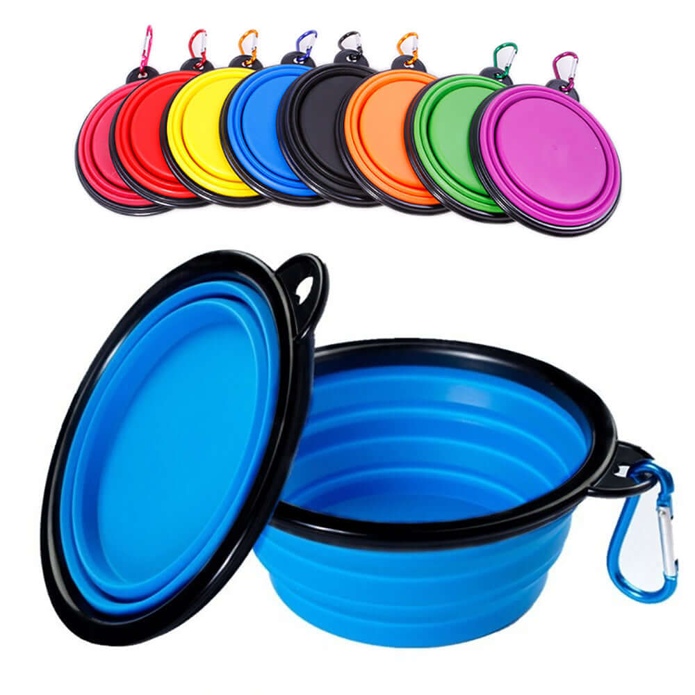 Collapsible pet bowl in various colors showcasing its four-layer folding design for easy portability.