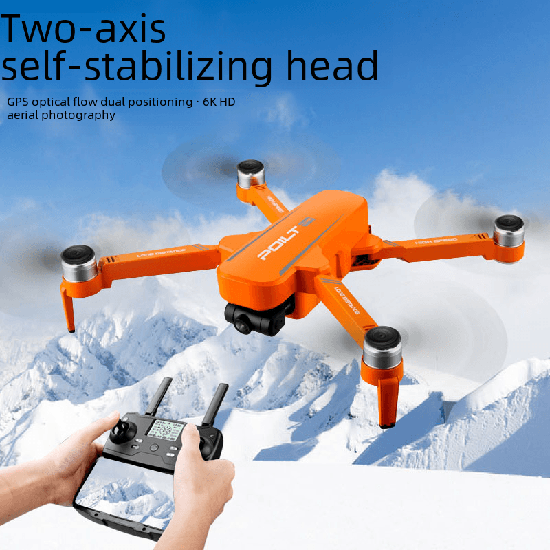 JJRC Brushless HD GPS Drone with Long Battery Life soaring above snowy mountains with remote control in hand.