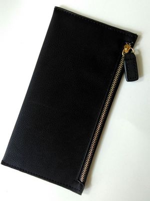 Personalized Long Wallet for Women in sleek black PU leather with zipper and gold accents.