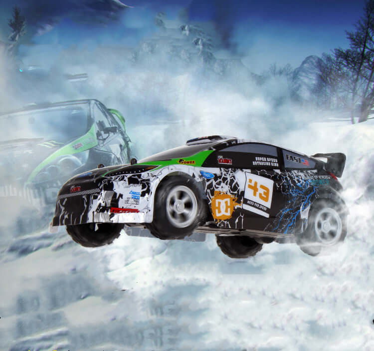 K989 remote control racing car soaring through snow with high-speed performance and thrilling design.