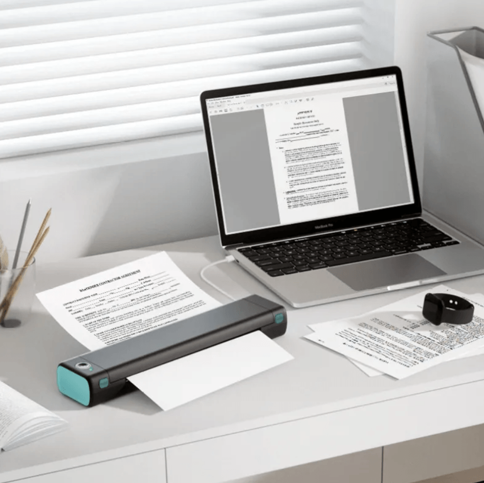 Portable A4 Thermal Printer on a desk with laptop and organized printed documents.