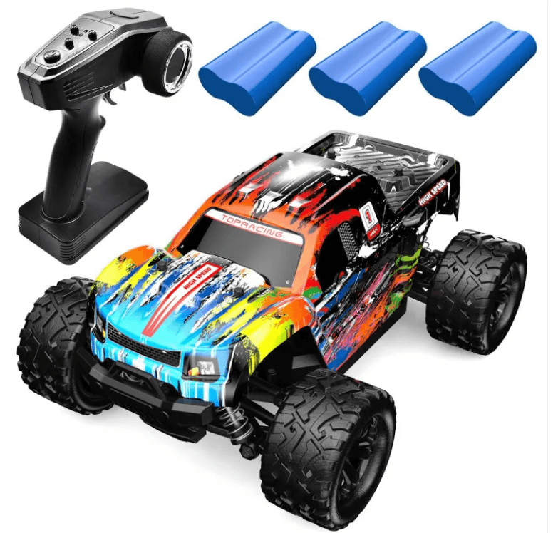 Durable remote control car with controller and blue accessories for outdoor fun and excitement.