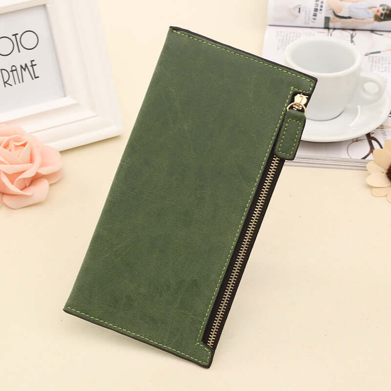 Personalized Long Wallet for Women in green PU leather with a zip closure, perfect for everyday use.